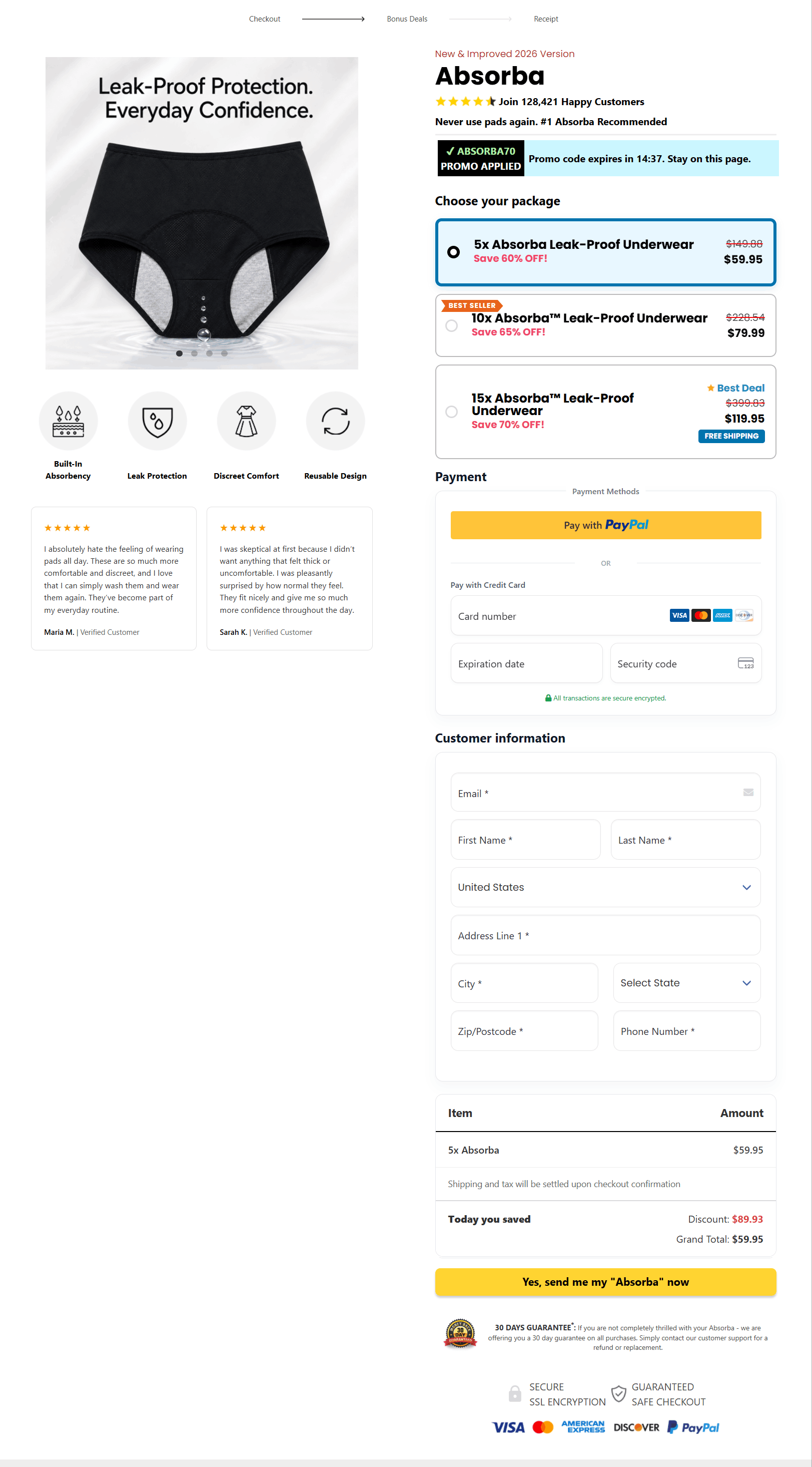 Absorba Leak Protective Underwear secure checkout page